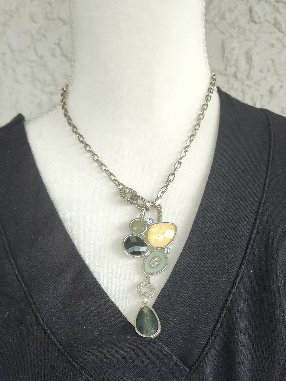 Lia Sophia Silver-Tone Necklace with Yellow and Green Multistone Drop Pendant